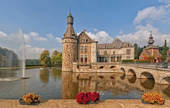 Water, flowers, bridge, castle, fountain, Belgium, Belgium, ditch