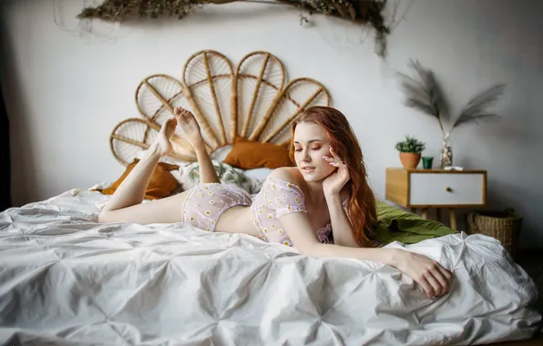 Girl, pose, bed, hands, bed, red, pajamas, legs