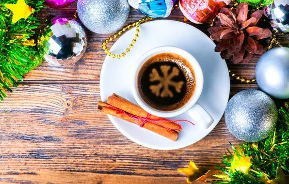 Decoration, balls, coffee, Christmas, New year, cinnamon, Christmas, snowflake
