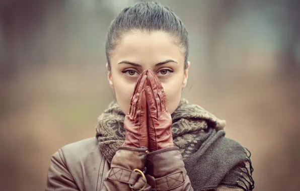 Look, gloves, bokeh, covered face, female portrait, Miho Neiman