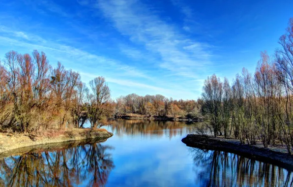 The sky, clouds, trees, reflection, river, spring