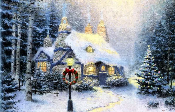 Picture landscape, winter, Windows, picture, Christmas, decoration, garland, painting