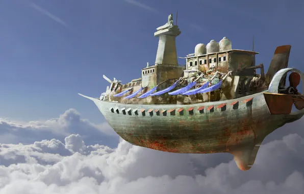Picture clouds, flight, ship, art, volatile, in the sky
