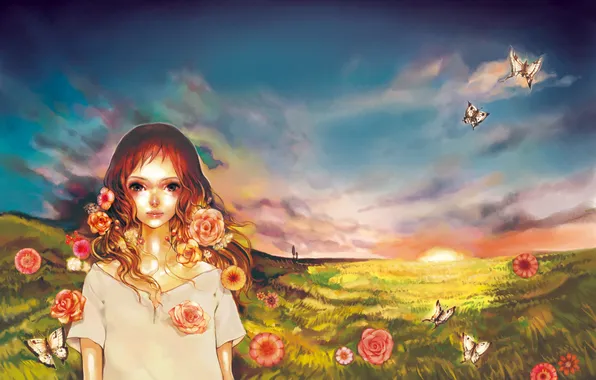 Picture field, summer, the sky, girl, butterfly, flowers, dawn, hair