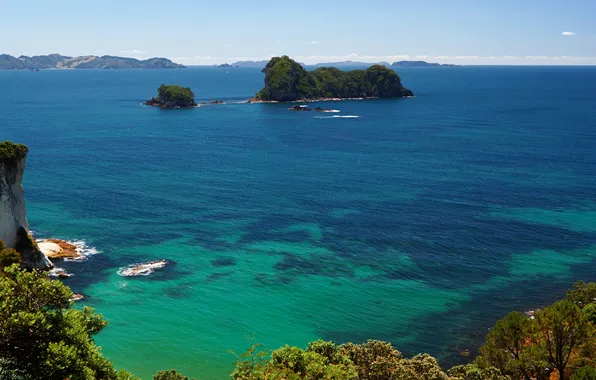 Picture sea, Islands, mountains, the ocean, New Zealand, Cathedral, Cove.