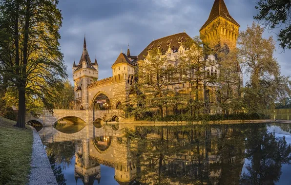 Water, bridge, reflection, Hungary, Hungary, Budapest, Budapest, Vajdahunyad Castle