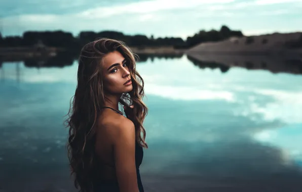 Look, girl, nature, pose, river, hair, the evening, shoulder