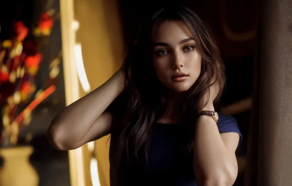 Look, pose, model, portrait, hands, makeup, hairstyle, brown hair