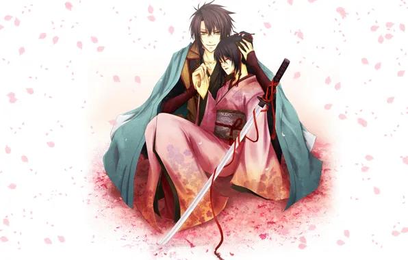 Picture girl, katana, petals, Sakura, form, guy, kimono, red ribbon