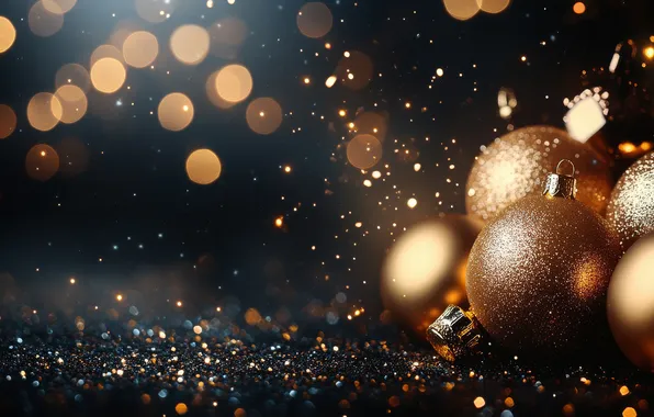 Balls, lights, the dark background, Shine, sequins, Christmas, New year, snowfall