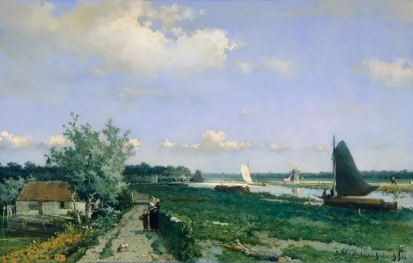 Landscape, tree, boat, oil, picture, sail, Johan Hendrik Weissenbruch, The shipping Canal at Rijswijk