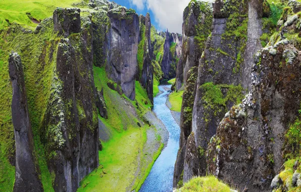 Greens, river, rocks, canyon, Iceland, canyon, Fjadrargljufur
