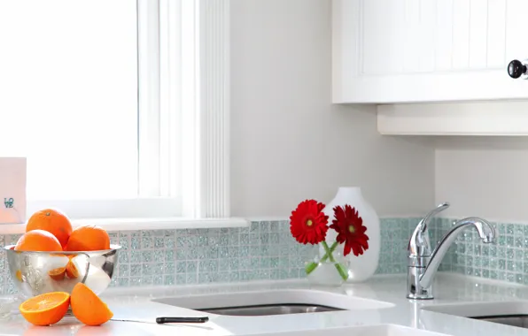 Picture white, flowers, oranges, crane, kitchen, wardrobe, gerbera