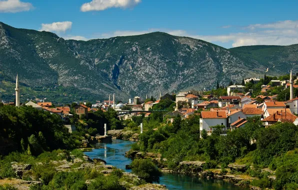 Landscape, mountains, building, Bosnia and Herzegovina, Mostar, the Neretva river, Mostar, Neretva River