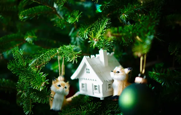 Light, holiday, toys, new year, ball, Christmas, house, tree