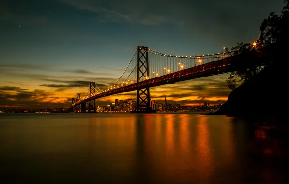 Picture lights, bridge, water, night, San Francisco