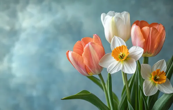 Flowers, holiday, bouquet, spring, tulips, white, orange, buds