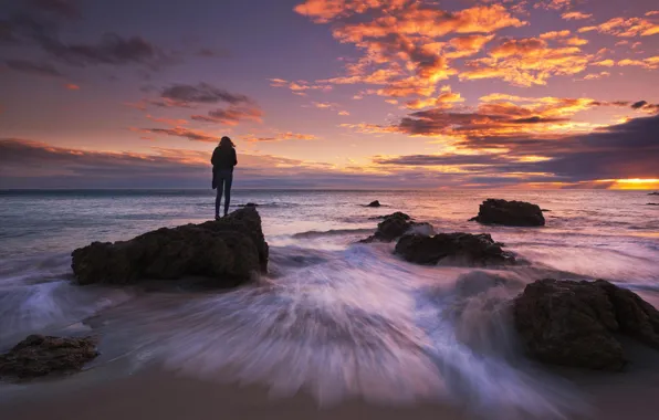 Sunset, Water, Sea, Stream, Wave, Stone, Silhouette, The crimson