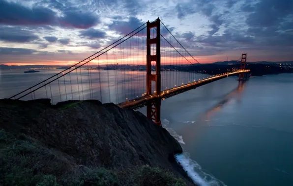 Bridge, river, dawn, Bay, Golden gate, America, San Francisco