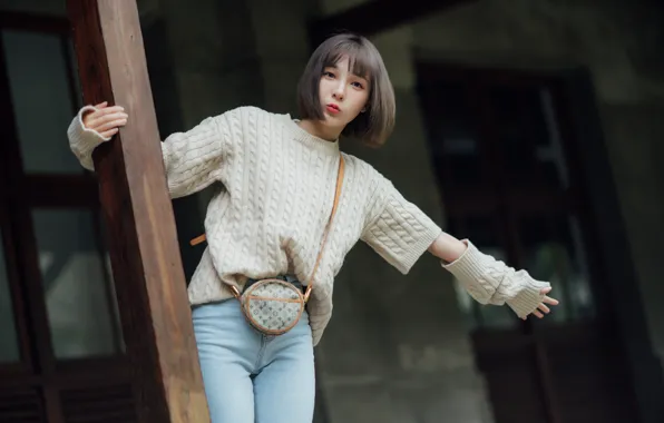 Picture handbag, Asian, gesture, cute girl, jumper, short hairstyle, blue jeans