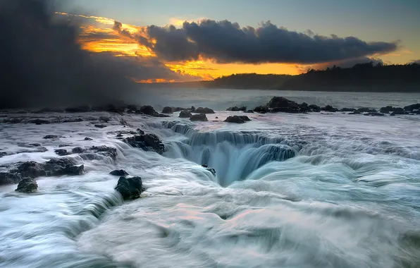 Sea, wave, the sky, clouds, sunset, stones