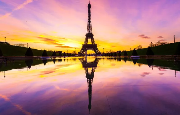 Picture reflection, France, Paris, glow, Eiffel tower