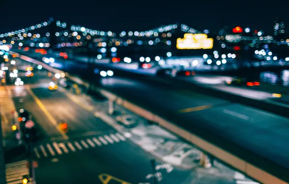 Picture night, bridge, lights, river, street, New York, bokeh, United States