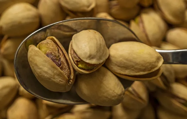 Macro, spoon, nuts, pistachios