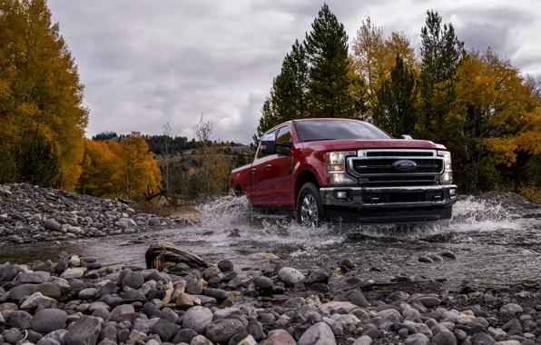 Clouds, trees, squirt, stream, stones, Ford, pickup, Super Duty