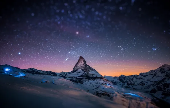 Picture stars, snow, mountains, night, rock, glare, rocks, mountain