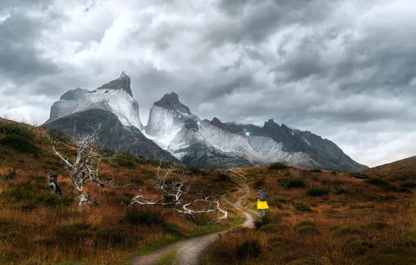 Girl, mountains, slope, path, Andes
