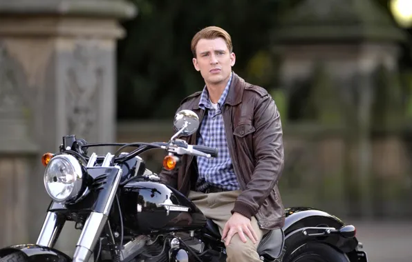 Picture look, background, motorcycle, male, actor, Captain America, Captain America, Harley-Davidson