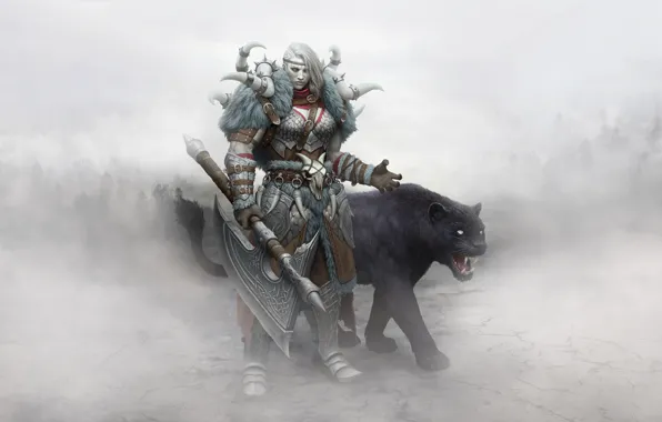 Girl, Fog, Cat, Armor, Girl, Warrior, Panther, Axe