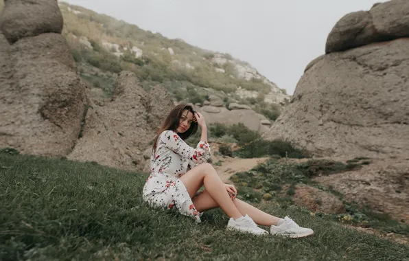 Look, mountains, pose, gesture, mountains, boulders, look, pose