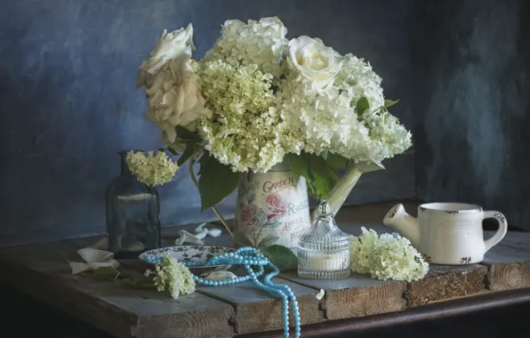 Flowers, Board, roses, bouquet, dishes, beads, lake, white