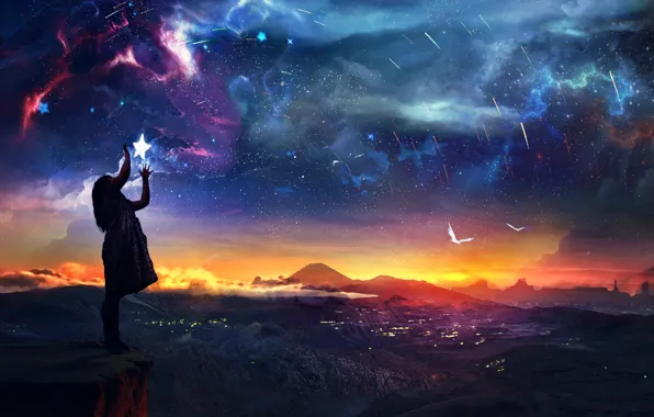 The sky, stars, landscape, sunset, rock, open, girl