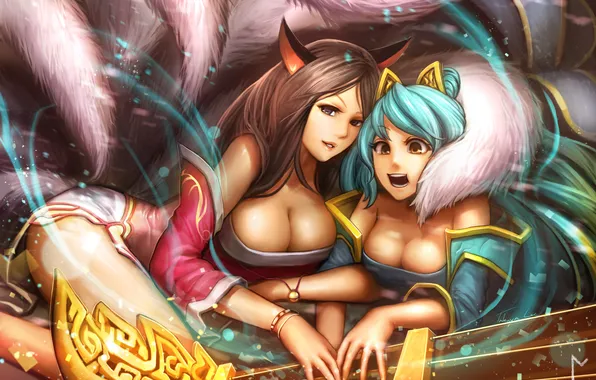 Smile, girls, magic, surprise, ears, art, Fox, league of legends