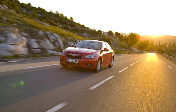 Road, the sky, the sun, sunset, the evening, chevrolet, Europe, cruze