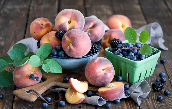 Blueberries, peach, leaves, BlackBerry, twigs