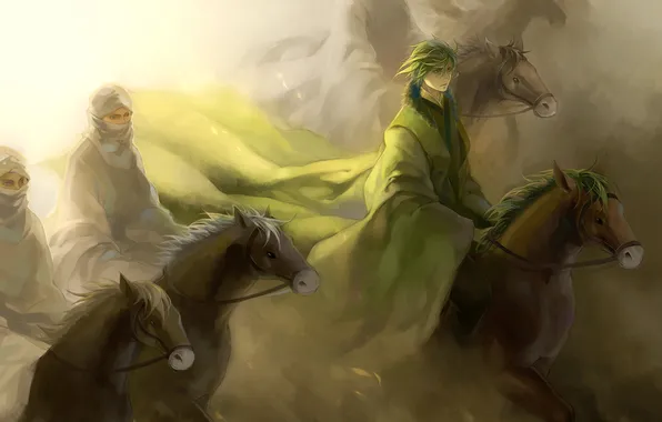 Picture green, horse, Warriors, mask, riders