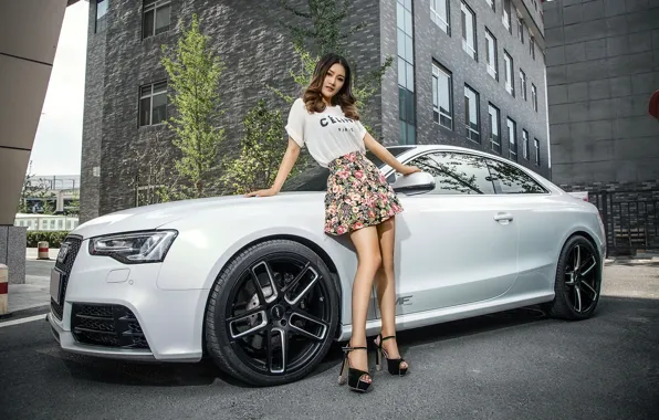 Picture look, Audi, Girls, Asian, beautiful girl, white car