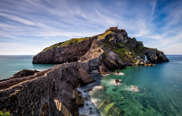 Sea, bridge, rocks, island, Spain, Gaztelugatxe
