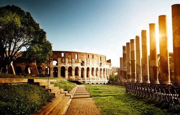Picture the sun, light, Rome, Colosseum, Italy, columns, steps, architecture