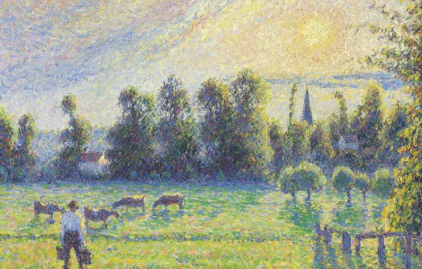 Landscape, picture, cows, Camille Pissarro, Pasture. Sunset. Eragny