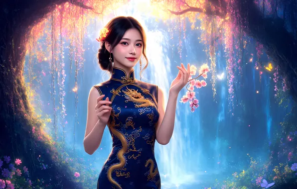 Bright colors, girl, nature, magic, tenderness, waterfall, spring, Asian