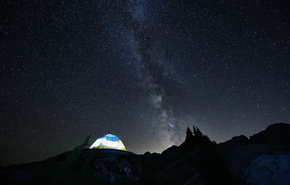 The sky, stars, mountains, night, tent, the milky way