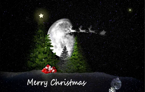 Picture NIGHT, SNOW, The MOON, SLEIGH, TREE, DEER