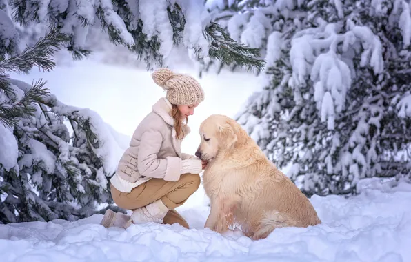 Winter, snow, dog, girl, friends, Victoria Dubrovskaya
