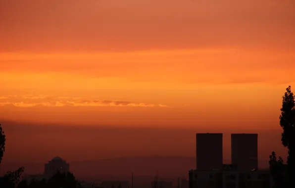 Summer, the sky, the sun, clouds, sunset, the city, orange sky, Golden sky