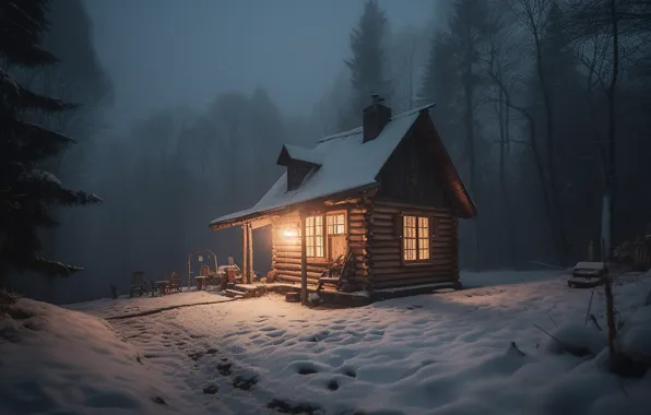 Winter, forest, light, snow, trees, night, nature, comfort